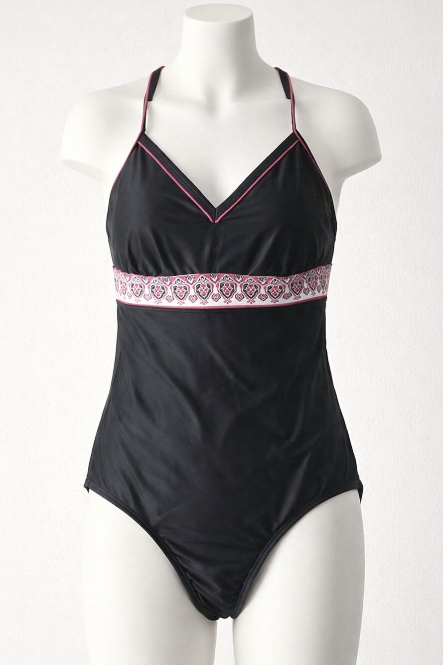 V-Neck T-Strap Cutout One Piece Swimsuit Black Pink 36C/34D/32DD